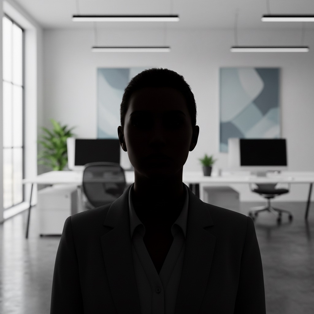 A silhouetted professional stands in the foreground with a modern, out-of-focus office in the background.