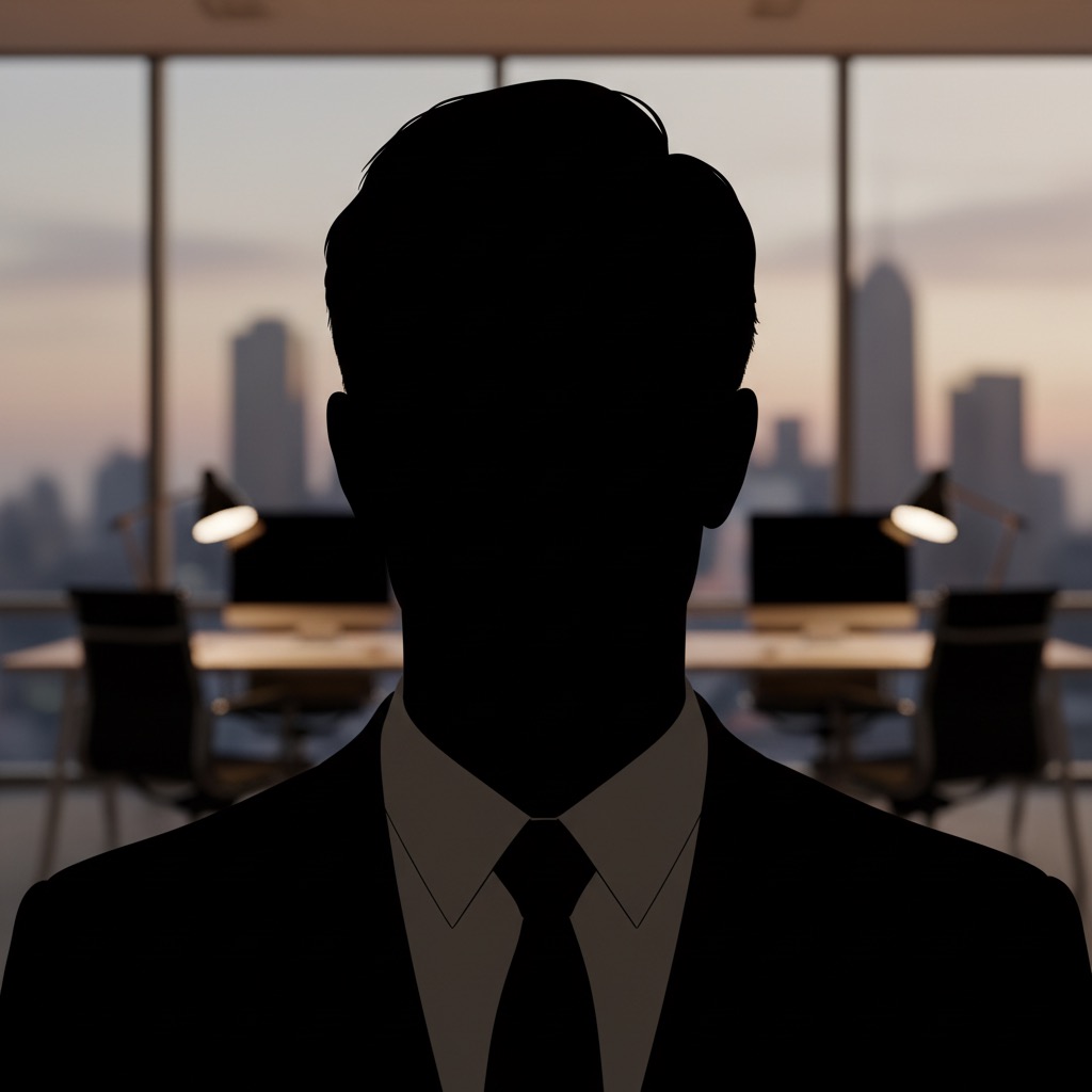 A silhouette of a businessman in a suit against a blurred office and city skyline backdrop.